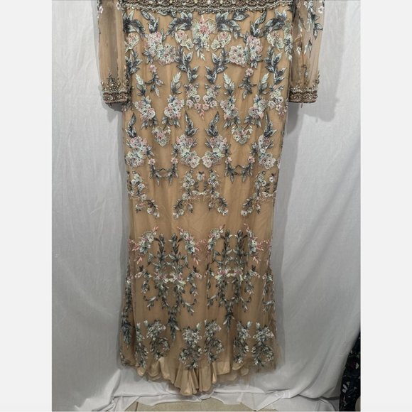 NWT $798 Mac Duggal [ 14 ] Floral Embroidered Long Sleeve Trumpet Gown Nude Q624 - Picture 12 of 16